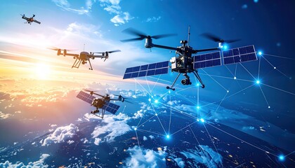 Naklejka premium Futuristic drone armada above earth with connecting network over the planet
