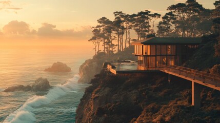 Cliffside modern home with infinity pool, overlooking a dramatic ocean sunset. Lush trees and rocky coastline create a serene ambiance
