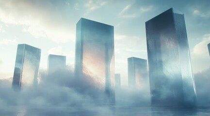Glass skyscrapers in a hazy, cloudy landscape