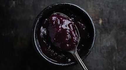 Spoonful of Dark Berry Jam in a Bowl