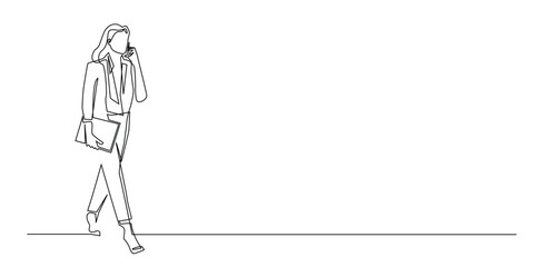 Businesswoman Talking on Phone, Continuous Line Vector.