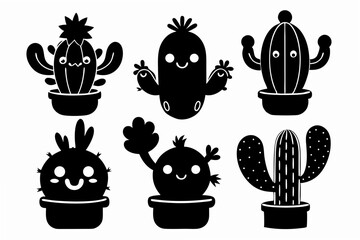 Set of Cute cartoon cactus silhouette vector black on white background