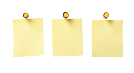Three blank pale-yellow square sticky notes, each affixed to a dark surface with a small, round, wooden pushpin