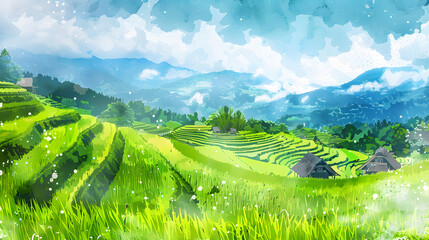 Fototapeta premium watercolor Terraced rice fields in Japanese countryside