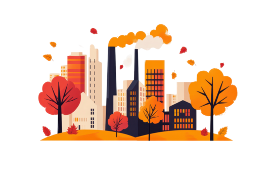 Autumnal cityscape with industrial buildings and falling leaves, showcasing a blend of nature and urban development