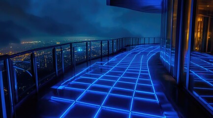 Rooftop walkway at night, illuminated with glowing blue lines
