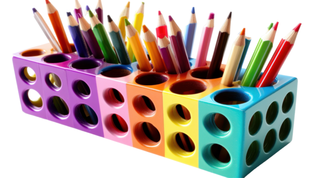Colorful, multi-colored, block-shaped pencil holder filled with assorted colored pencils, angled and slightly splayed