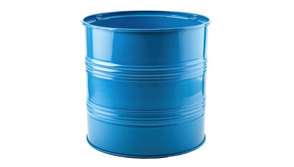 A shiny, light-blue metallic drum, cylindrical with rolled edges and visible horizontal seams, sits against a black background