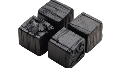 Four dark, cubic objects, seemingly wood or stone, arranged in a cluster. One shows significant textural damage