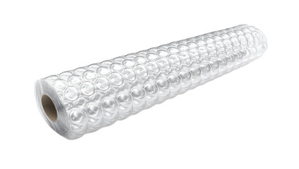 A rolled-up sheet of clear plastic bubble wrap, showing numerous small air-filled spheres, ideal for packaging protection