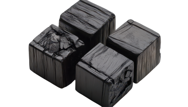 Four dark, cubic objects, seemingly wood or stone, arranged in a cluster. One shows significant textural damage