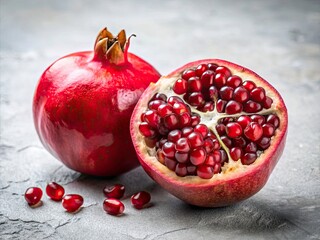 Macro Pomegranate Photography: Juicy Red Seeds, Sliced Fruit, White Concrete Background
