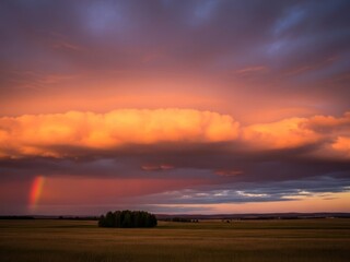 Obraz premium Dramatic sunset sky over golden fields rainbow