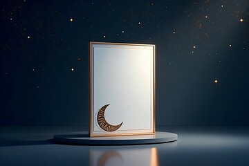 illustration of a magic lamp,Modern vertical mockup card with a luxurious gold border, crescent moon illustration, and starry night background—perfect for stylish branding, logos, and visual identity
