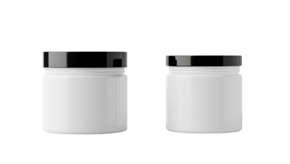 Two white plastic jars with black lids, one larger than the other, shown against a black background