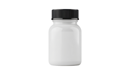 A small, white, opaque bottle with a black screw-top lid, isolated on a black background