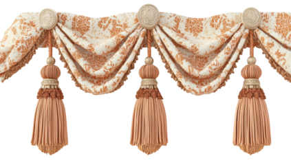 Elegant cream and peach damask fabric swag valance with ornate tassels and finials