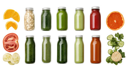 Twelve glass bottles of various green, red, and light-green smoothies, accompanied by fresh produce like oranges, tomatoes, cucumbers, oats, and spinach