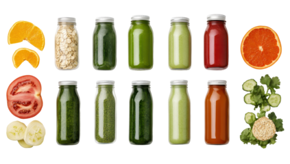 Twelve glass bottles of various green, red, and light-green smoothies, accompanied by fresh produce like oranges, tomatoes, cucumbers, oats, and spinach