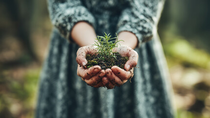 young woman holds small green plant gently
