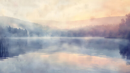 watercolor tranquil lakeside view at sunrise reflective