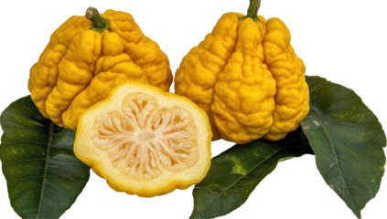 Two bumpy, yellow citrus fruits, one halved to reveal a pale, segmented interior, rest on vibrant green leaves against a black background