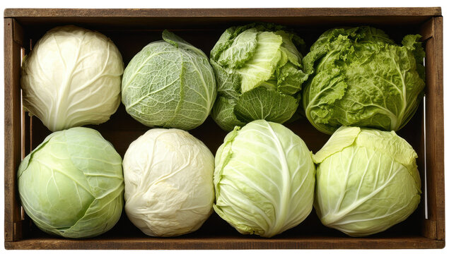 Wooden crate filled with eight whole heads of various cabbage types, showcasing a range of green and white hues