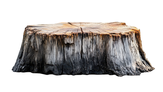 Weathered tree stump, circular top, grey bark, brown heartwood, isolated on black background