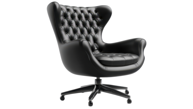 Sleek, black leather armchair with a high back, button tufting, and a swivel base