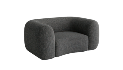 A dark gray, rounded armchair with plush, textured fabric and softly curved armrests and back, sits against a black background