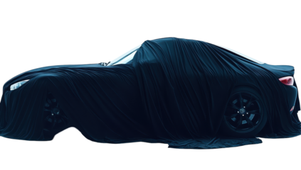 Sleek, dark-blue sports car partially concealed by a luxurious, flowing cloth cover, hinting at a powerful, unreleased model