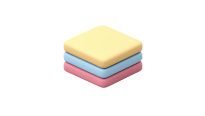Three pastel-colored square blocks stacked, isometric view, soft shadows