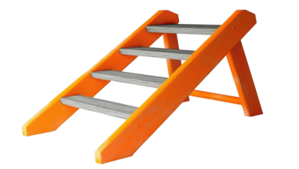 A small, angled, four-step ladder with bright orange sides and gray steps, seemingly made of wood