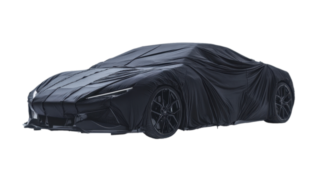 A sleek, low-slung sports car partially concealed by a dark, draped cloth, hinting at a powerful and luxurious design