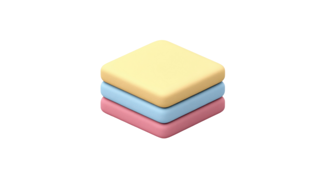 Three pastel-colored square blocks stacked, isometric view, soft shadows