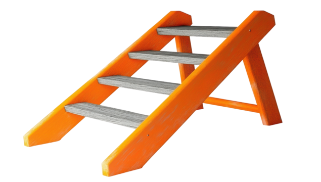 A small, angled, four-step ladder with bright orange sides and gray steps, seemingly made of wood