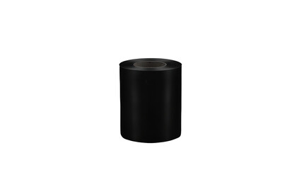 A cylindrical roll of dark, glossy, thermal transfer ribbon, isolated on a black background