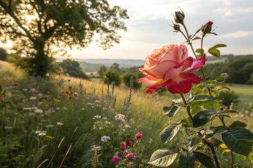 Red poppies blossom in a field of love, their beauty reflecting the romantic summer sky