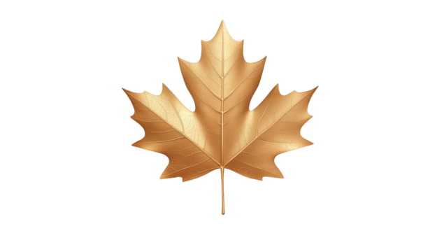 A metallic gold maple leaf, sharply detailed, isolated on a black background; three-dimensional and seemingly sculpted