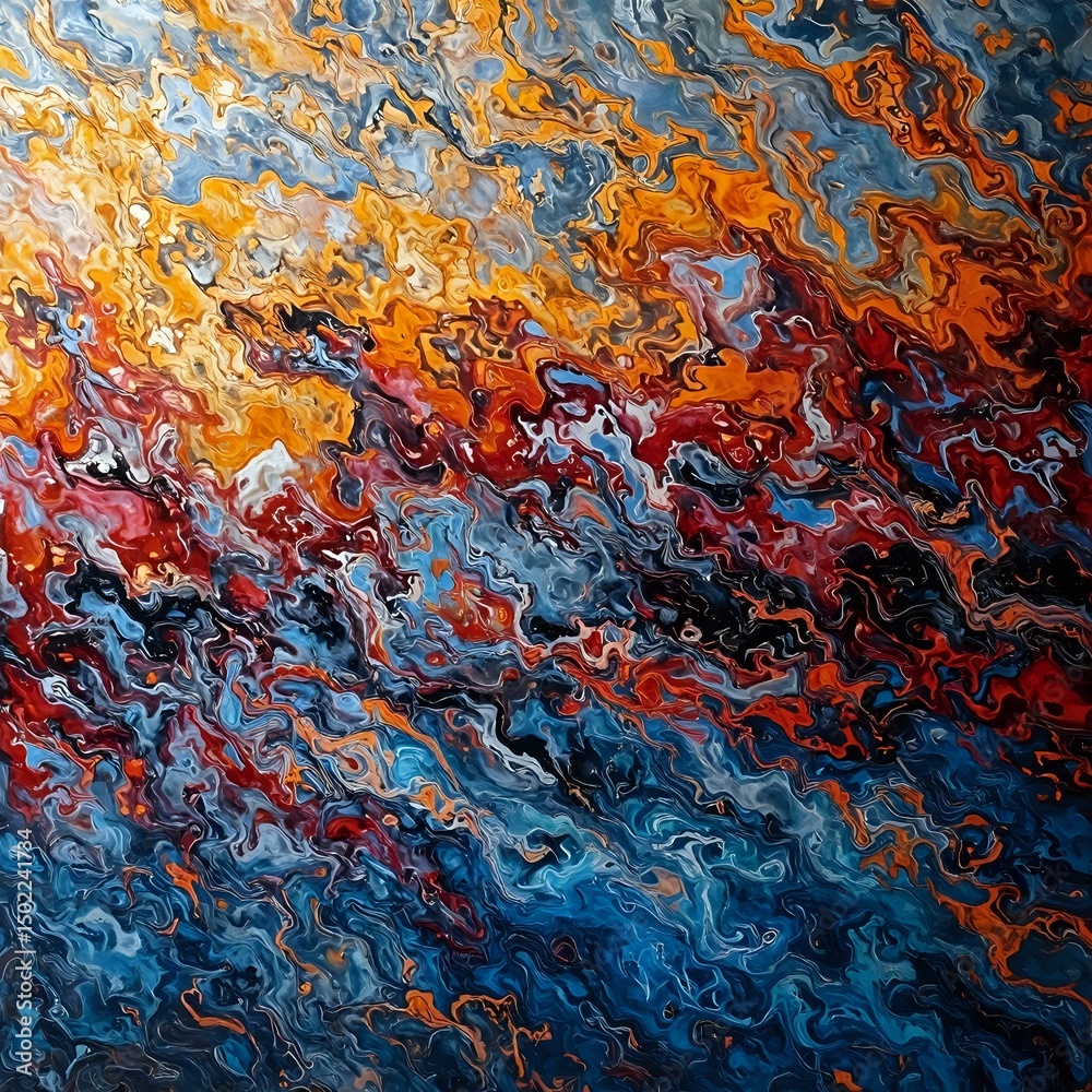 Wall mural the image is an abstract painting showcasing a swirling pattern of colors resembling a dynamic, fier