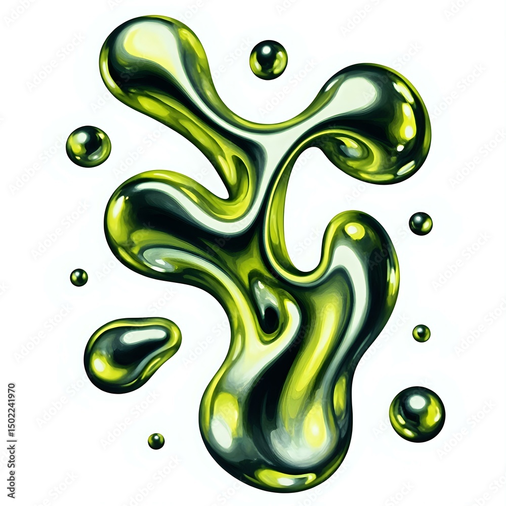 Wall mural the image features a 3d rendering of abstract, shiny liquid with a glossy, reflective appearance, sc