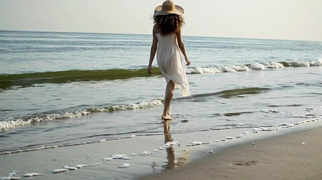A serene video captures a woman in a white dress and hat walking along the beach. Shot from behind at a low angle, highlighting the tranquil ocean setting. Live desktop wallpaper.