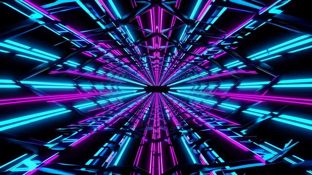Dynamic neon tunnel: immersive light patterns and futuristic vibes in a kaleidoscopic journey