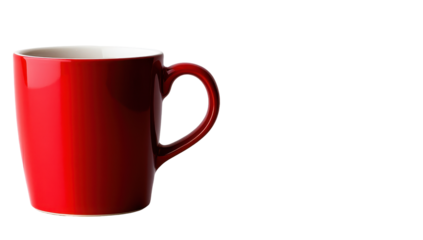 A vibrant red ceramic mug with a slightly curved body and a C-shaped handle, isolated on a black background
