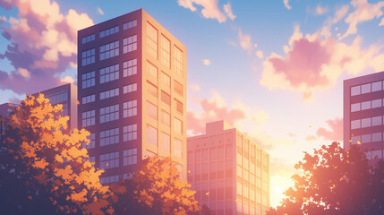 Cityscape Sunset with Autumn Trees