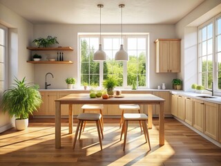 Fototapeta premium Minimalist Kitchen Design: Empty Table, Soft Natural Light, Architectural Photography