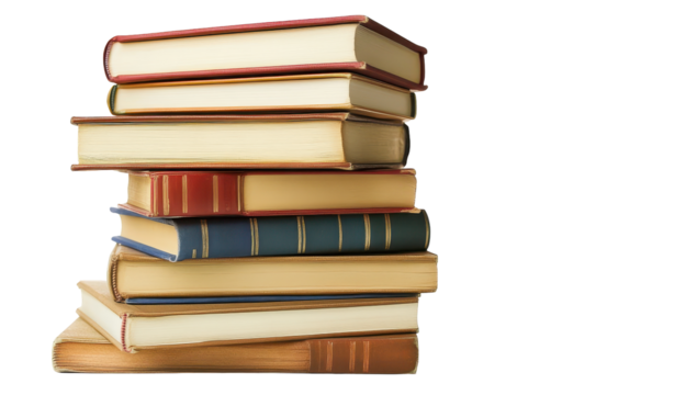 A neatly stacked pile of diverse, vintage-style hardback books with varying colors and textures of their spines and covers