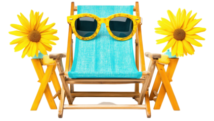 A teal beach chair with sunglasses, flanked by sunflowers on wooden stands, suggests summer relaxation