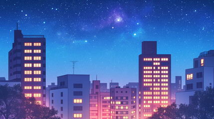 Naklejka premium Cityscape at Night with Illuminated Buildings