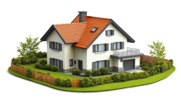 Two-story house with red tile roof, attached garage, and fenced yard, digitally rendered